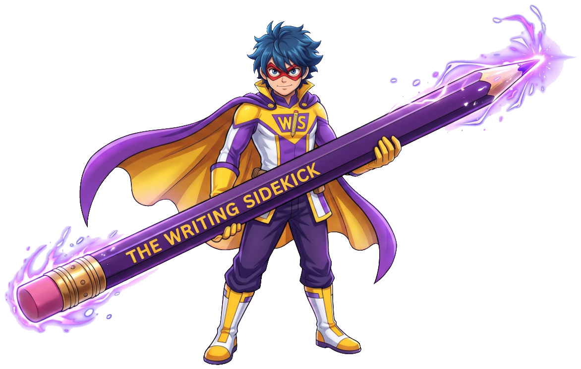 The Writing Sidekick, a young superhero in purple and gold holding a giant glowing pencil